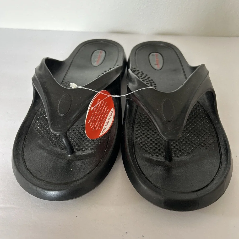 NWT Okabashi Sandals Sport Surf Flip Flops Black Beach Travel USA M 9-10 W 11-12